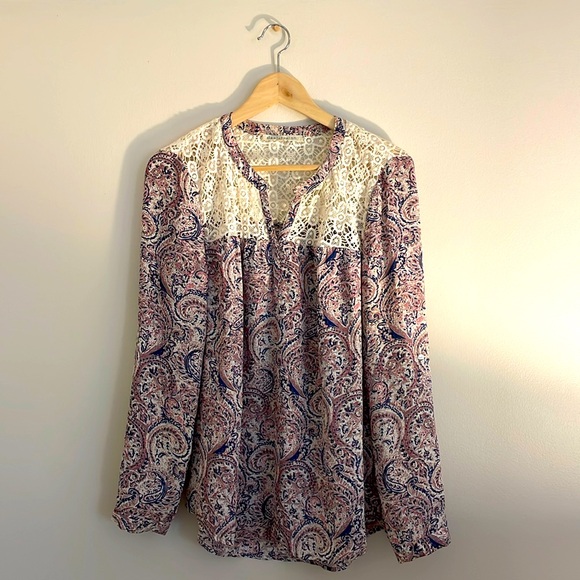 Daniel Rainn size small pink, blue white long sleeve blouse with crochet yoke - Picture 1 of 7